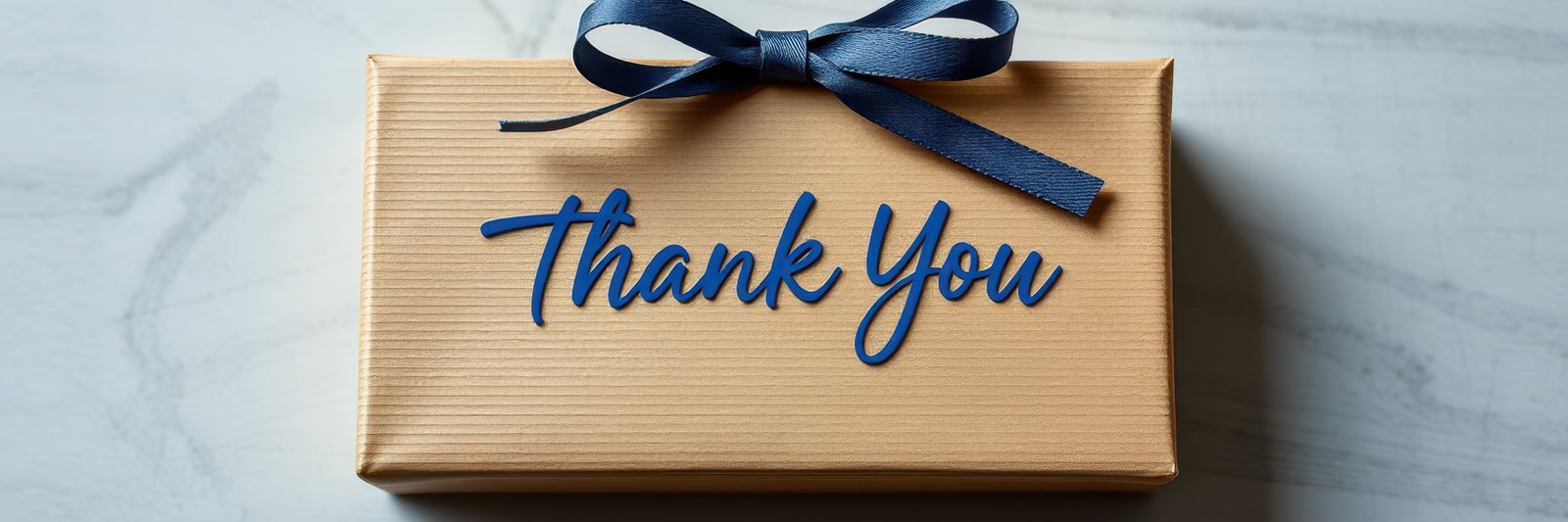 Decorative thank you gift box with attractive ribbon on marble countertop